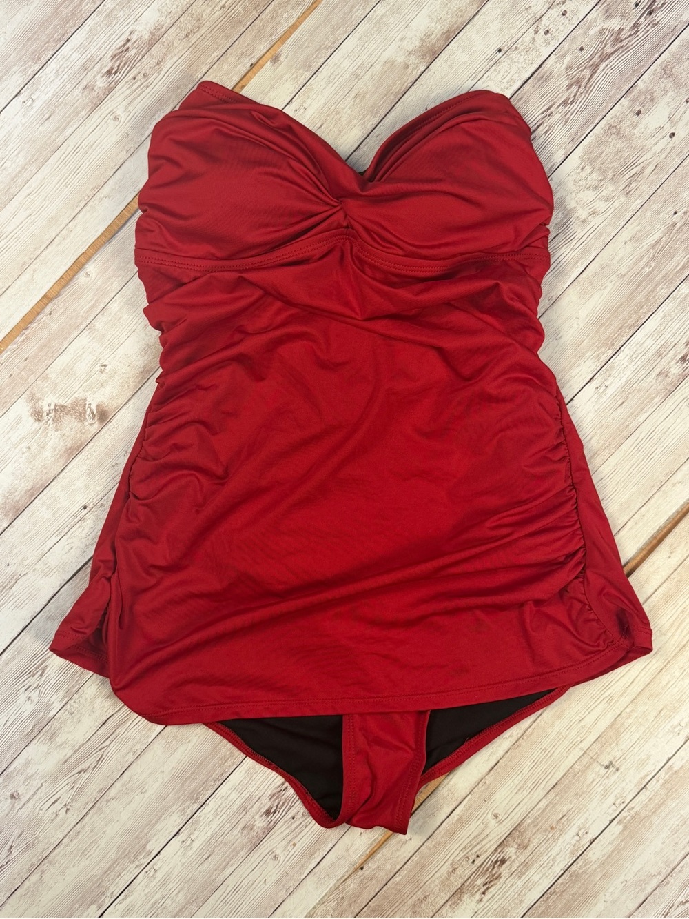 Red Ruched One-Piece Swimdress - Strapless Swimwear
